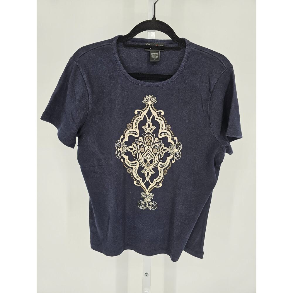 Vtg Style & Co Womens Sz XL 100% Cotton Short Sleeve T Shirt Blue Mandala Print